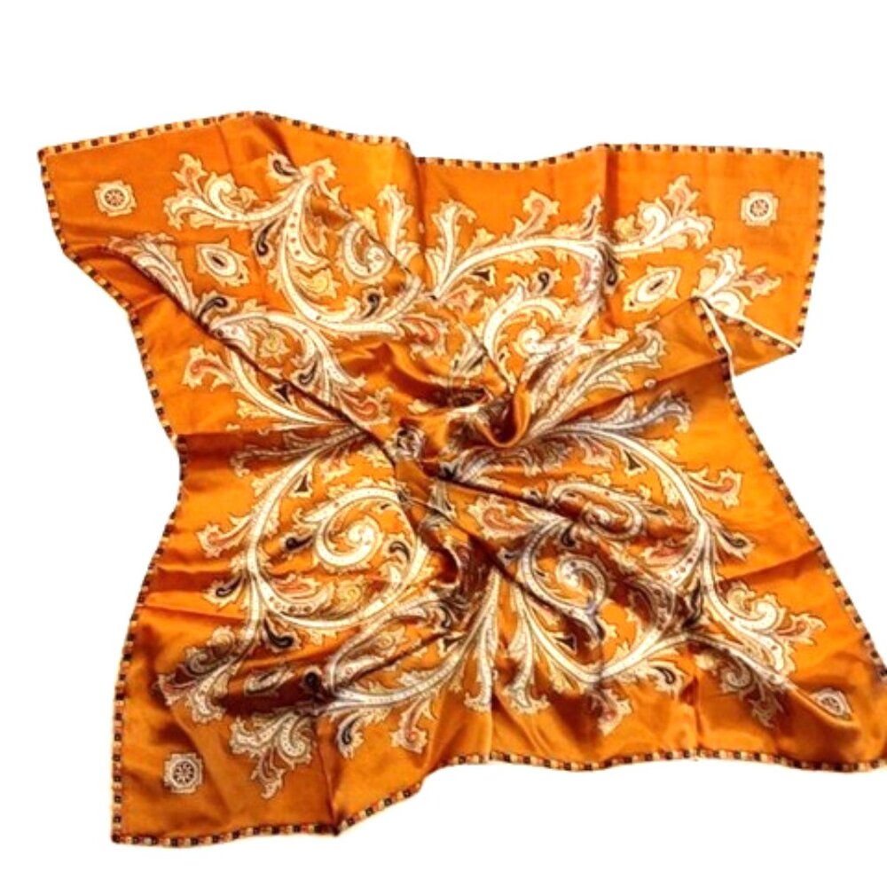 Large 1950s True Vintage Orange And Brown Paisley Design Square Scarf Wrap